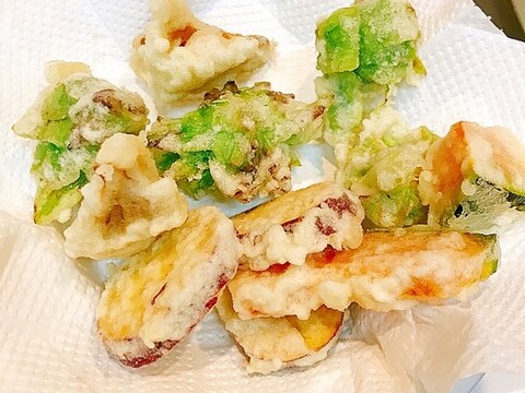 サクッと揚げます☆ふきのとうと根菜と舞茸の天ぷら